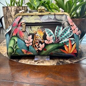 Anuschka Hand Painted Leather Crossbody Kiss Lock Floral Bag NWT